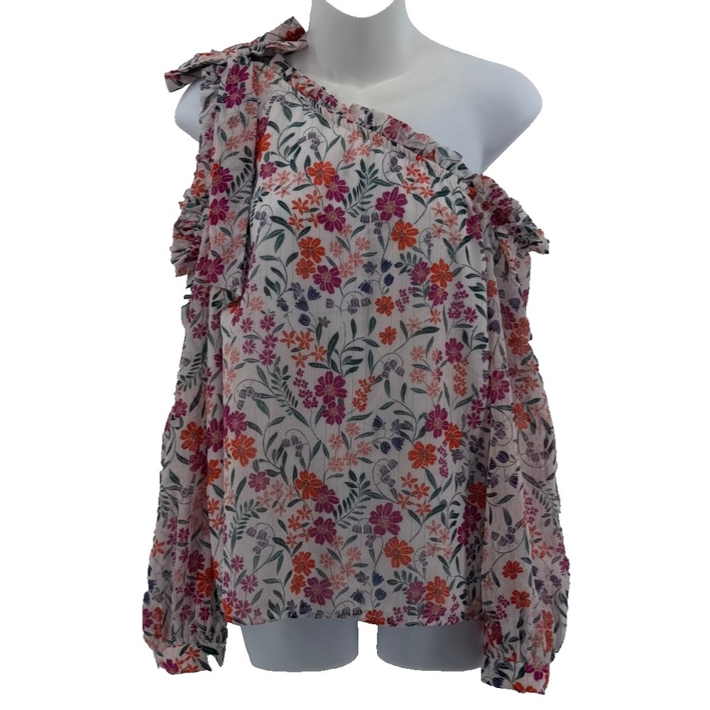 CeCe Floral Blouse Womens Medium One Shoulder, Ruffle Tie Sleeve Boho Top